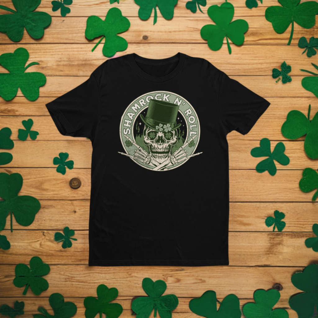 Shamrock and Roll - Rock and Roll Saint Patrick's Day Skull Unisex Heavy Cotton Tee