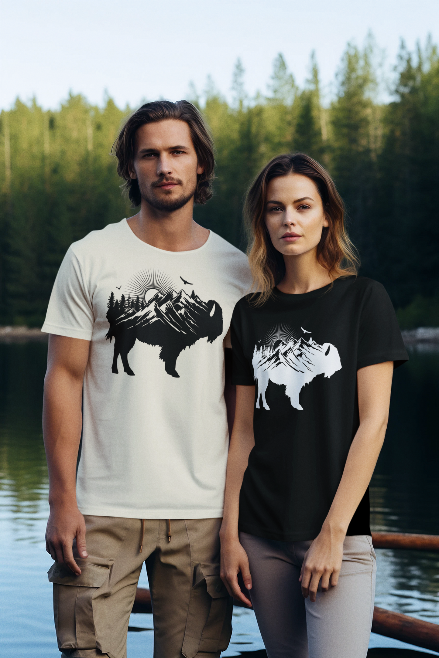 Buffalo Silhouette - Retro Sunrise Bison Mountain - Buffalo Lover Shirt