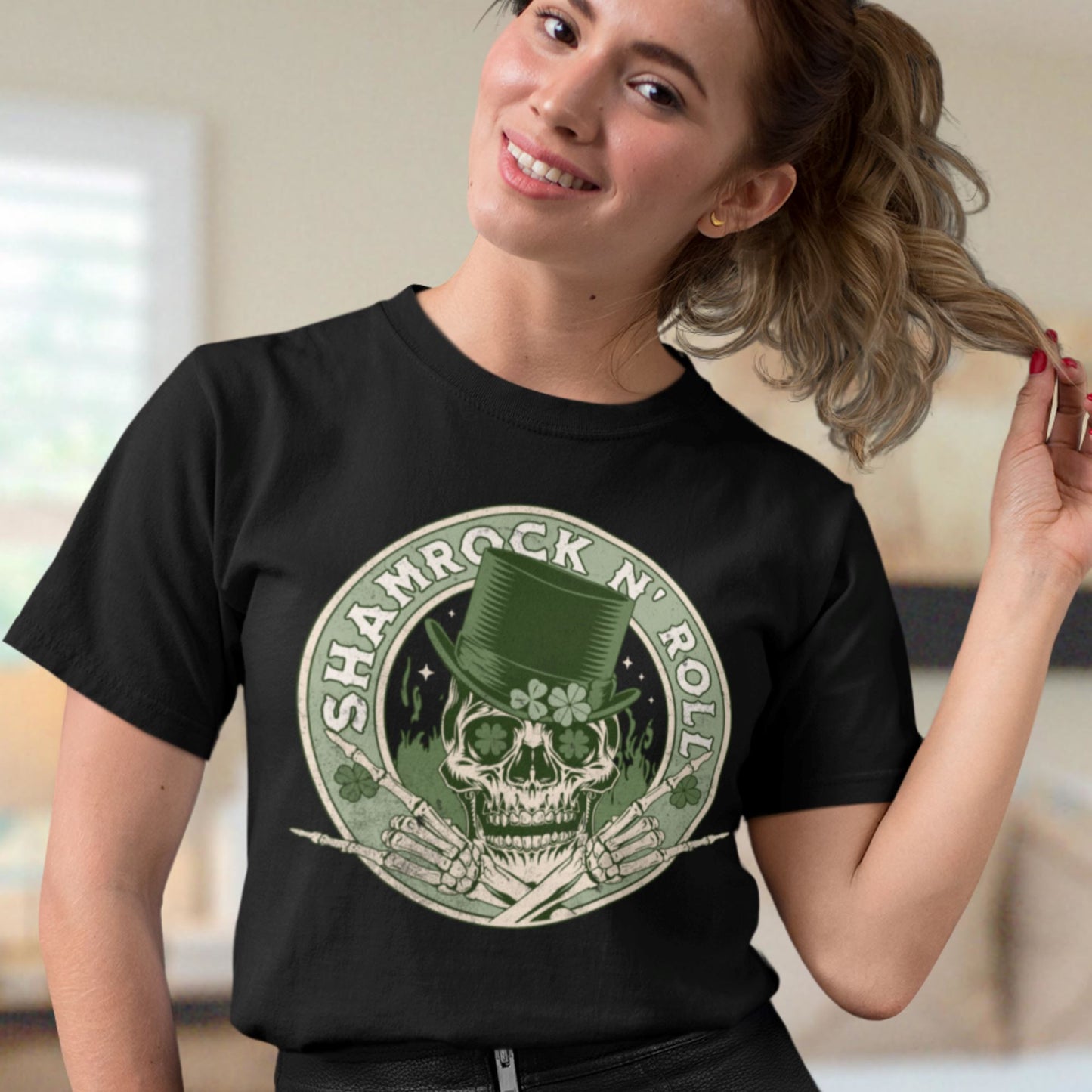 Shamrock and Roll - Rock and Roll Saint Patrick's Day Skull Unisex Heavy Cotton Tee T-Shirt My Store Black M