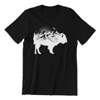 Buffalo Silhouette - Retro Sunrise Bison Mountain - Buffalo Lover Shirt